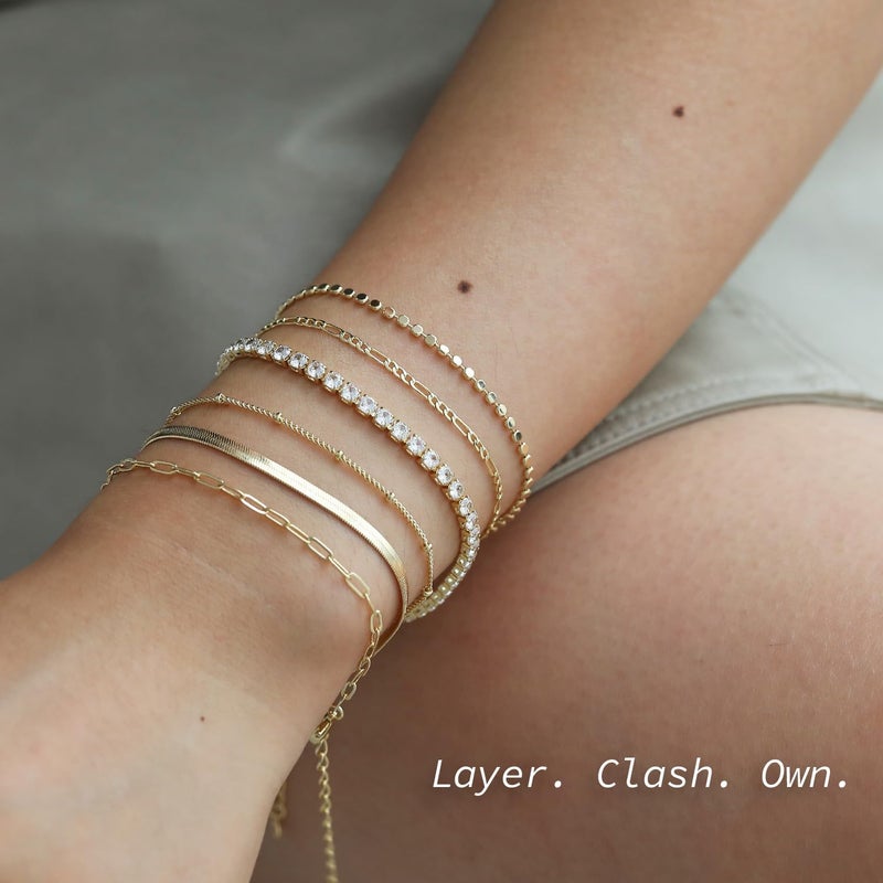 Krfy 5/6Pcs Gold Plated Bracelets for Women Trendy, S925 Plated Silver Bracelet Stack, Non Tarnish Waterproof Bracelets for Women, Paperclip Herringbone Figaro Cuban Twist Chains, Size 6.5''+2'' - Image 3
